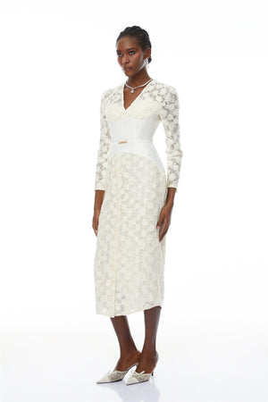 Aurohaya Oona White Floral Lace Pencil Midi Dress