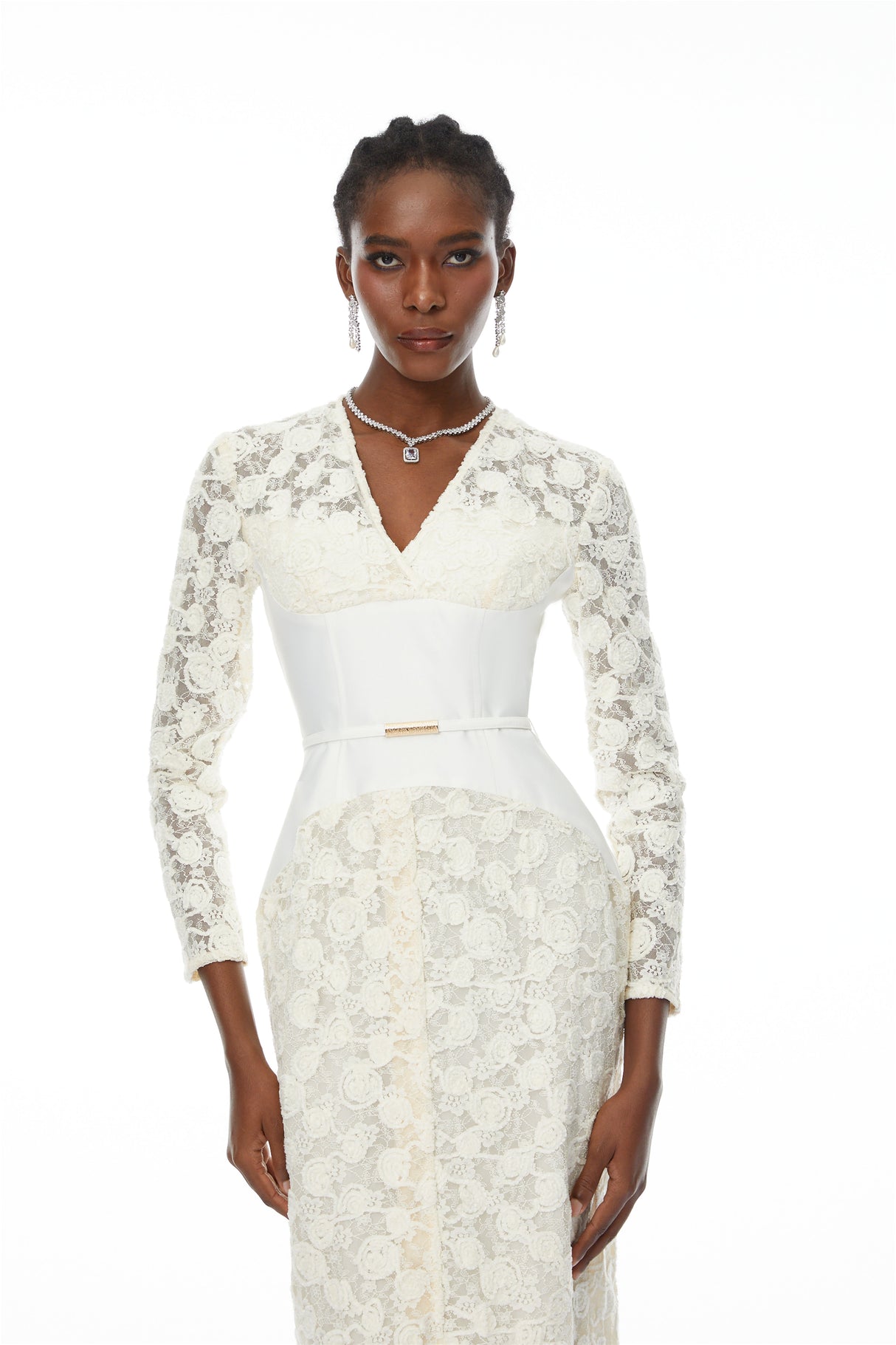Aurohaya Oona White Floral Lace Pencil Midi Dress