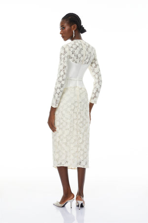 Aurohaya Oona White Floral Lace Pencil Midi Dress