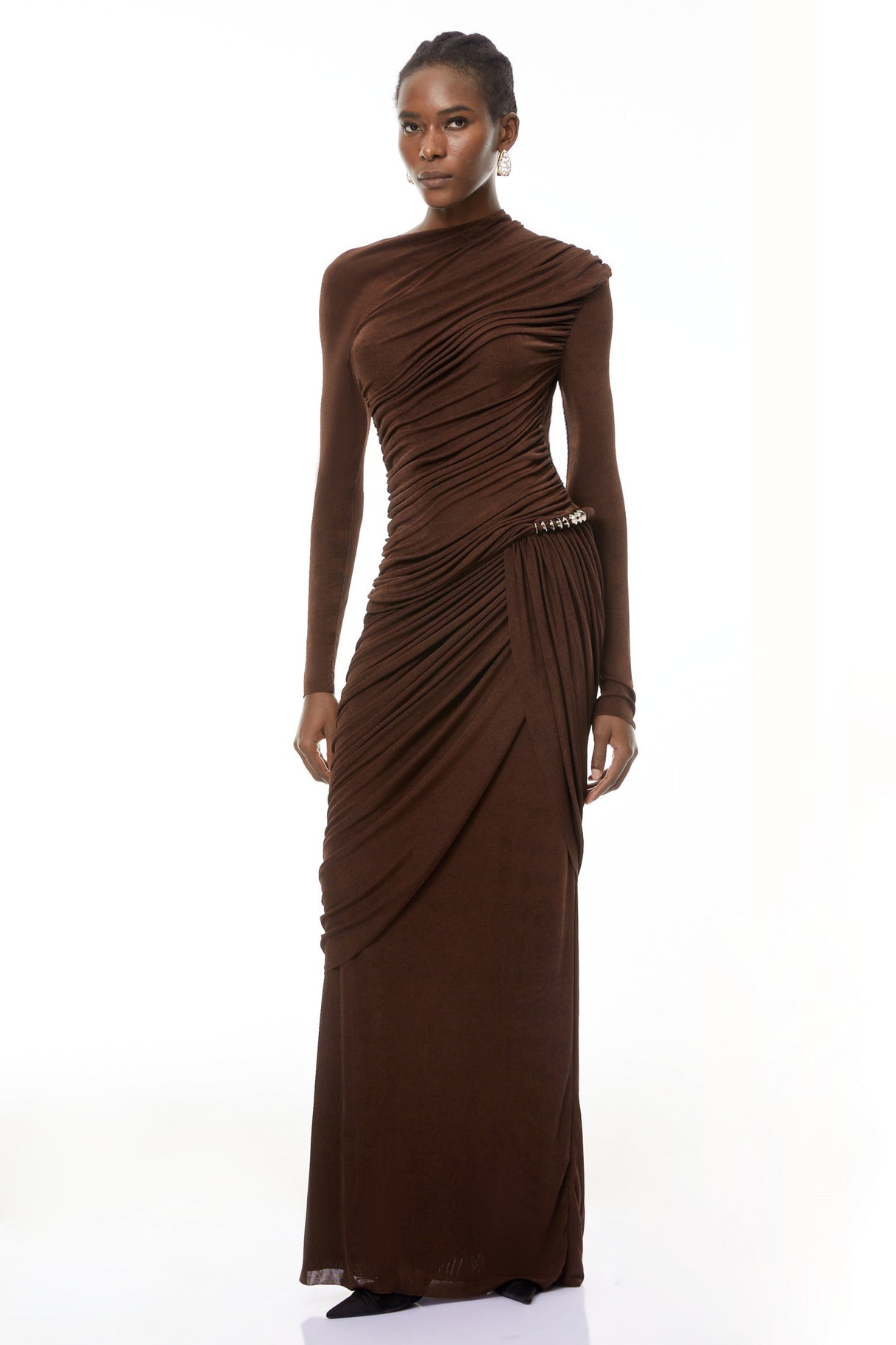 Aurohaya Ortensia Brown Embellished Ruched Maxi Dress