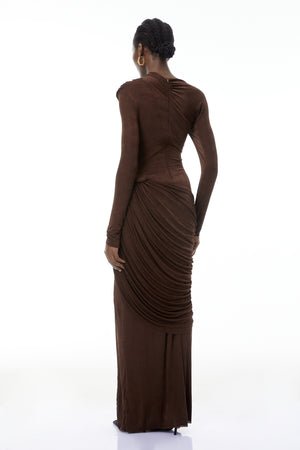 Aurohaya Ortensia Brown Embellished Ruched Maxi Dress