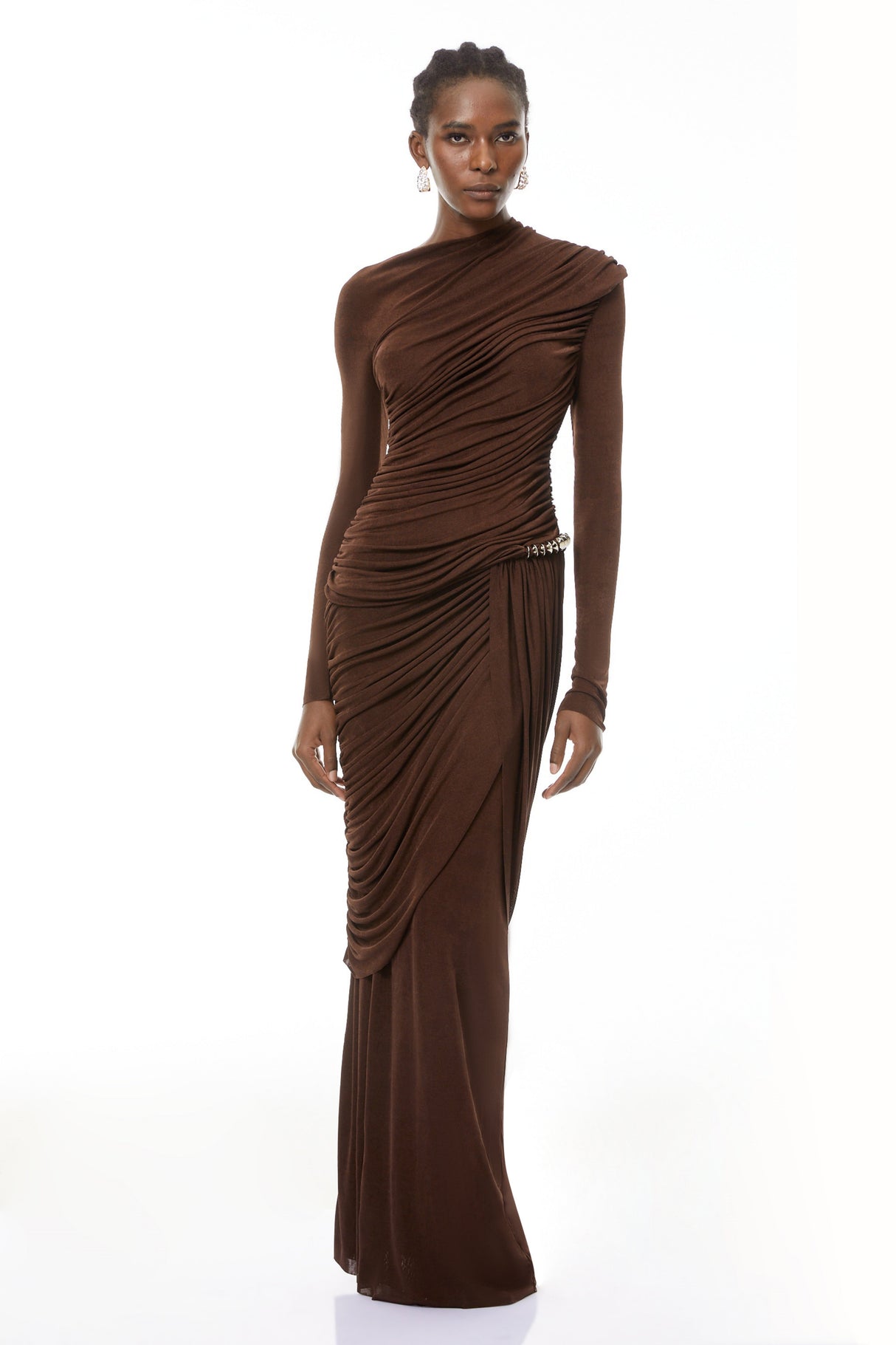 Aurohaya Ortensia Brown Embellished Ruched Maxi Dress