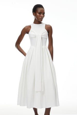 Aurohaya Ophelia White Pleated Midi Dress with Self-tie
