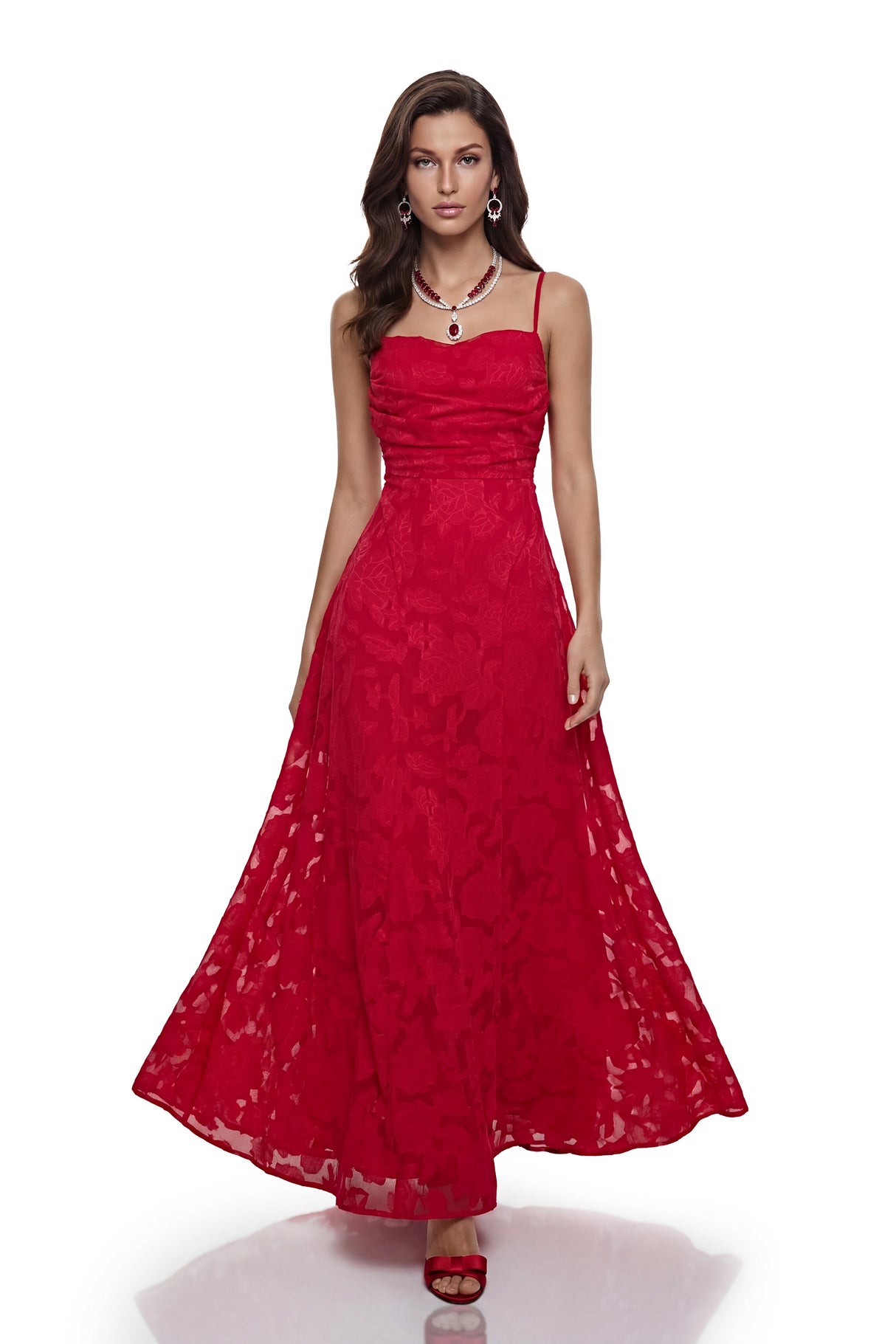 Aurohaya Oriane Red Floral Lace Maxi Dress