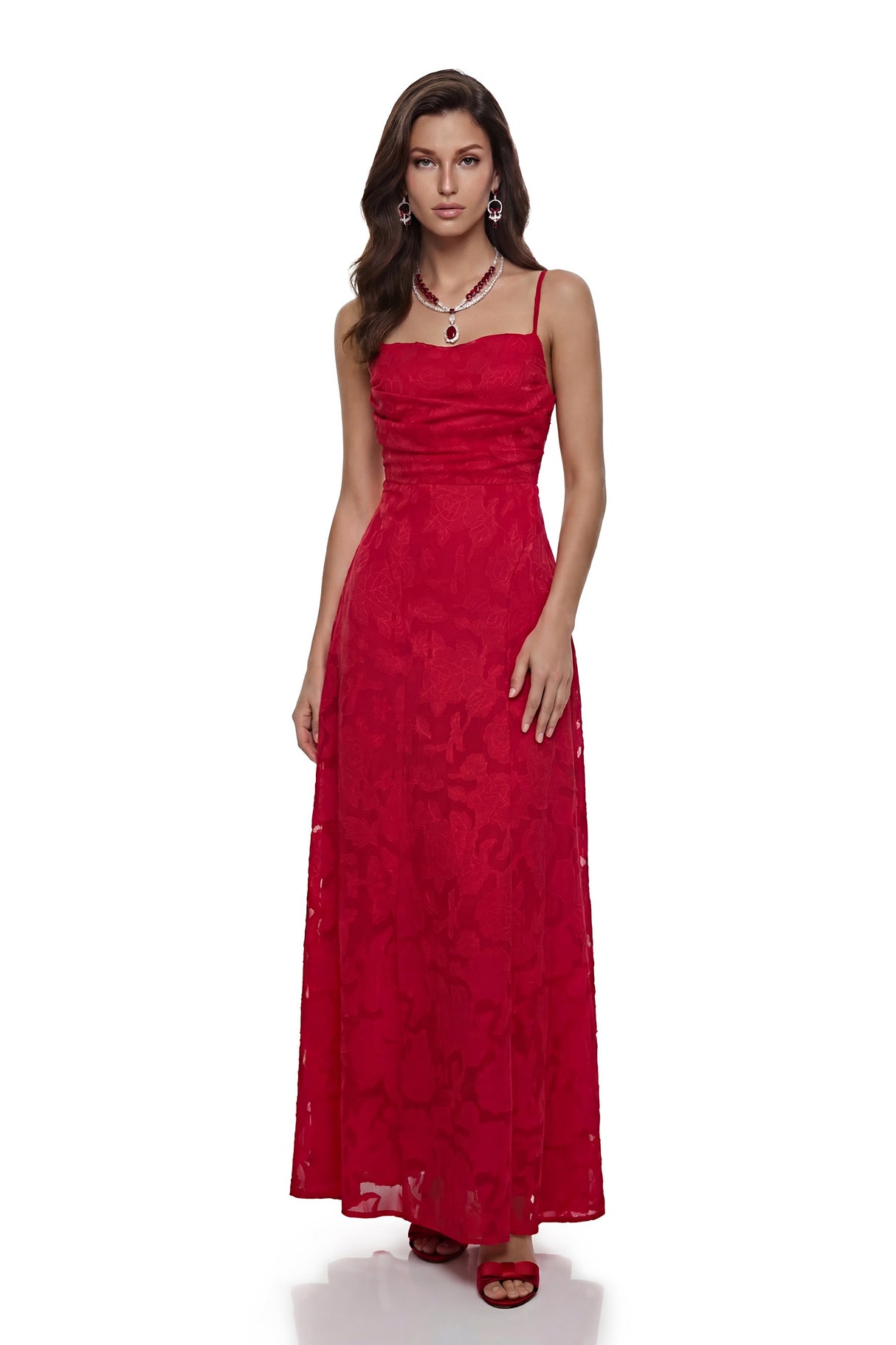 Aurohaya Oriane Red Floral Lace Maxi Dress