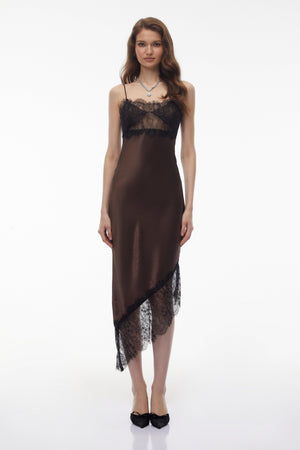 Aurohaya Orli Brown Satin Maxi Dress with Lace Panels