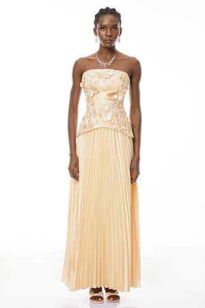 Aurohaya Orsola Yellow Floral Appliqué Top & Pleated Skirt Set