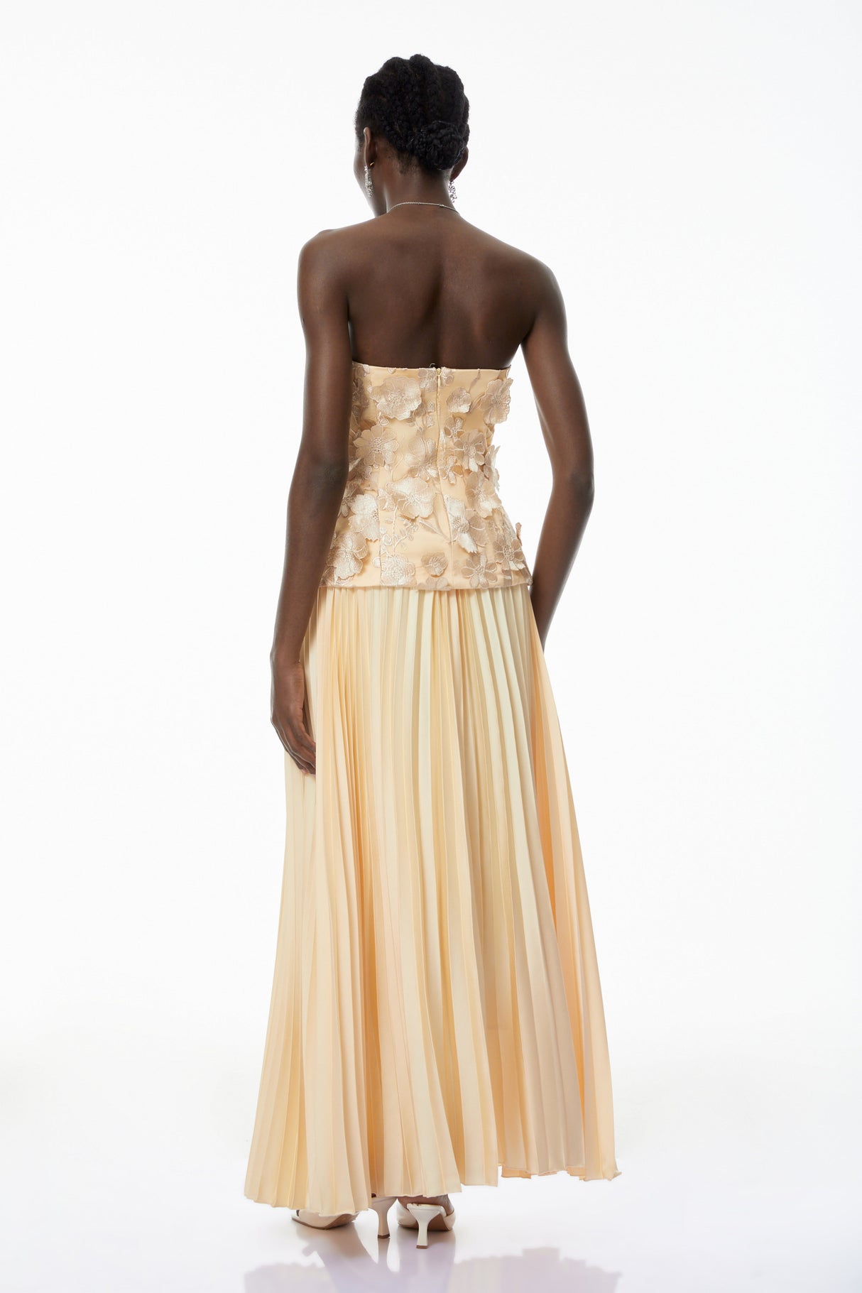 Aurohaya Orsola Yellow Floral Appliqué Top & Pleated Skirt Set