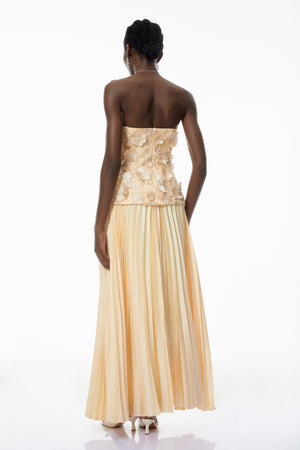 Aurohaya Orsola Yellow Floral Appliqué Top & Pleated Skirt Set