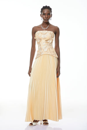 Aurohaya Orsola Yellow Floral Appliqué Top & Pleated Skirt Set