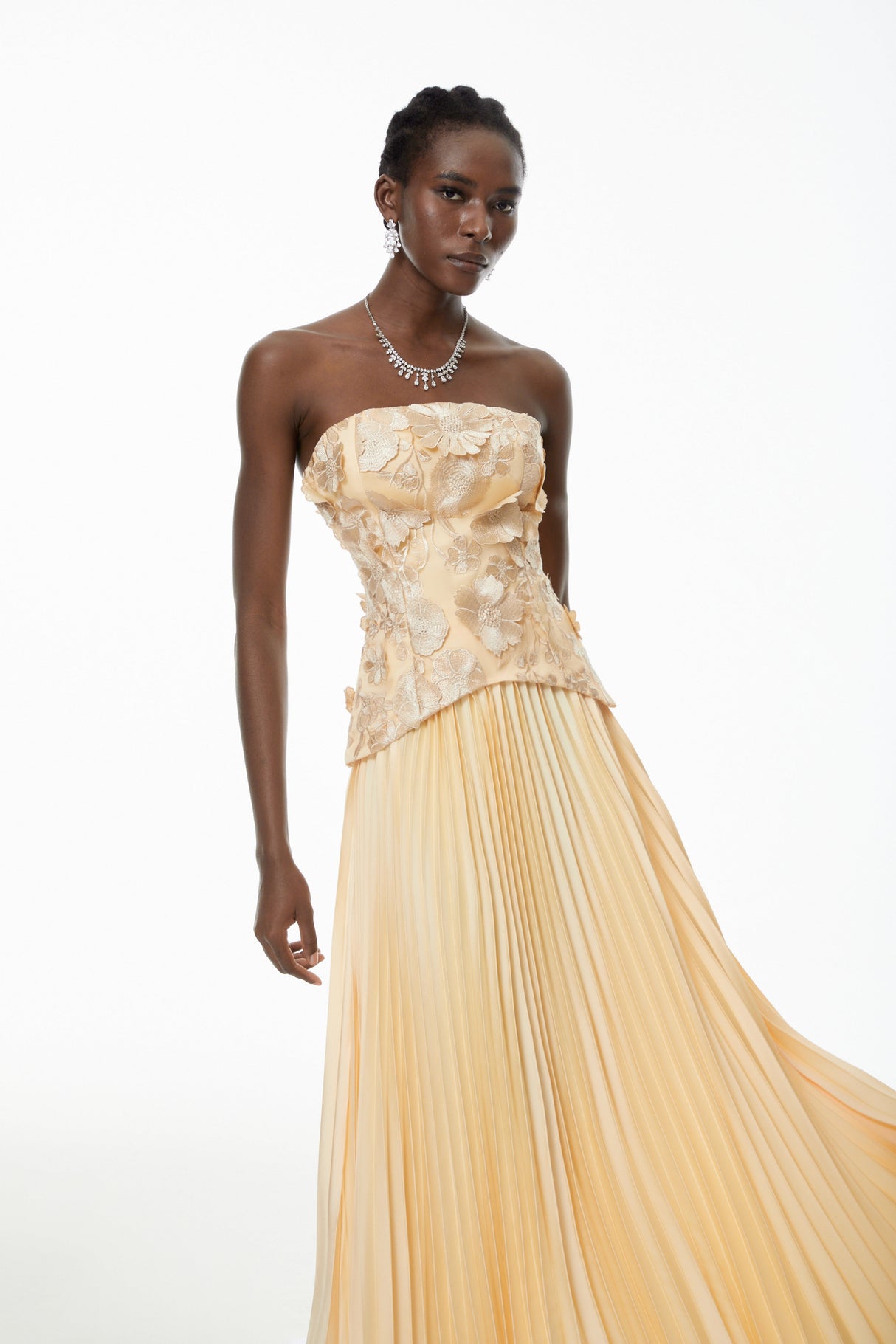 Aurohaya Orsola Yellow Floral Appliqué Top & Pleated Skirt Set