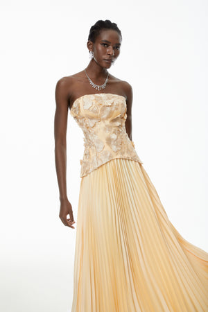 Aurohaya Orsola Yellow Floral Appliqué Top & Pleated Skirt Set