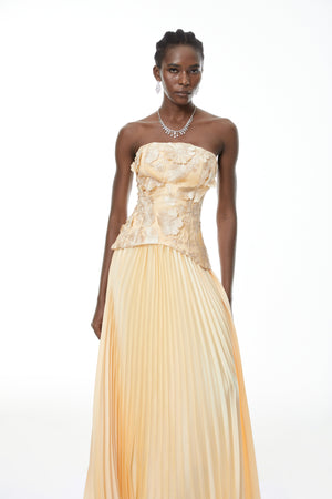 Aurohaya Orsola Yellow Floral Appliqué Top & Pleated Skirt Set