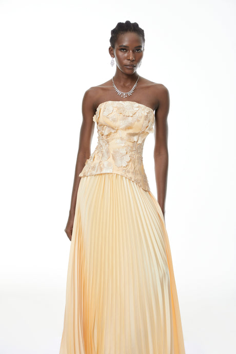Aurohaya Orsola Yellow Floral Appliqué Top & Pleated Skirt Set