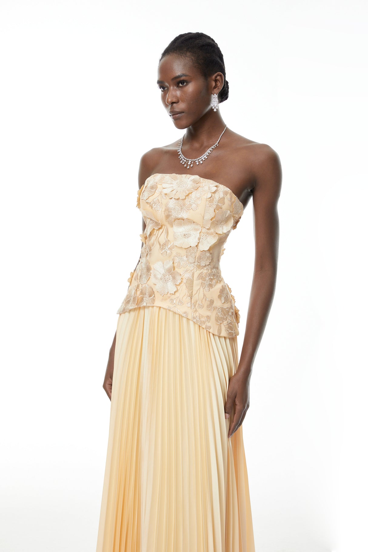 Aurohaya Orsola Yellow Floral Appliqué Top & Pleated Skirt Set