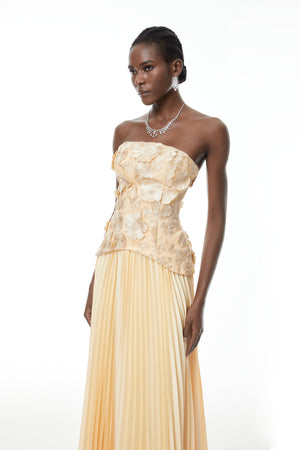 Aurohaya Orsola Yellow Floral Appliqué Top & Pleated Skirt Set