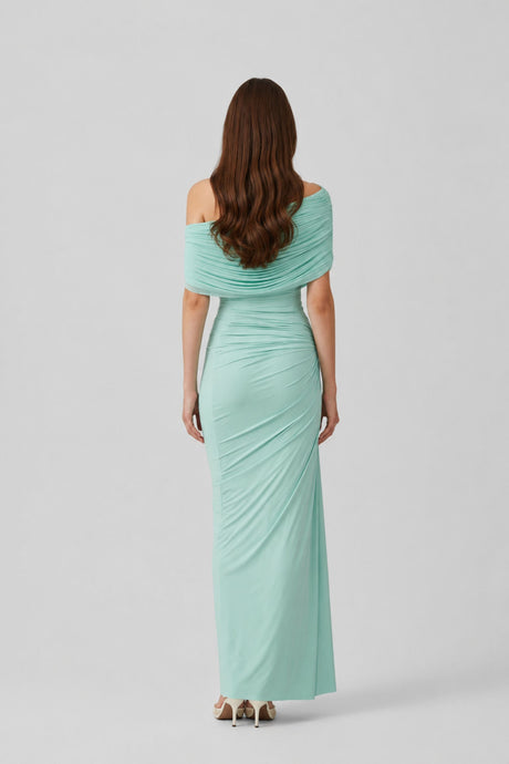 Osmanthe Asymmetrical Ruched Tulle Maxi Dress / Green