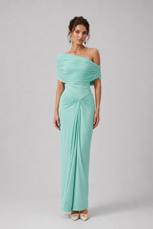 Osmanthe Asymmetrical Ruched Tulle Maxi Dress / Green