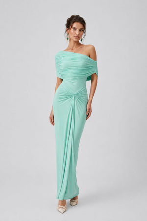 Osmanthe Asymmetrical Ruched Tulle Maxi Dress / Green