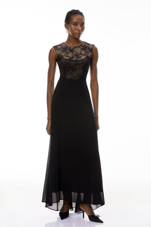 Aurohaya Ottilie Black Lace Panel Asymmetrical Maxi Dress