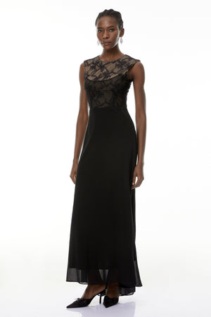 Aurohaya Ottilie Black Lace Panel Asymmetrical Maxi Dress