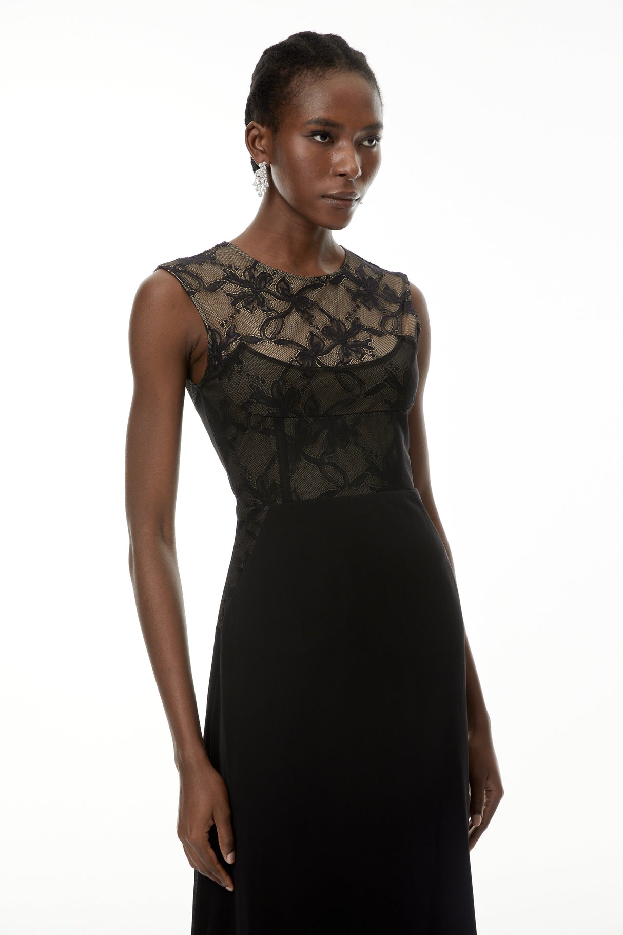 Aurohaya Ottilie Black Lace Panel Asymmetrical Maxi Dress