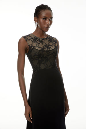 Aurohaya Ottilie Black Lace Panel Asymmetrical Maxi Dress