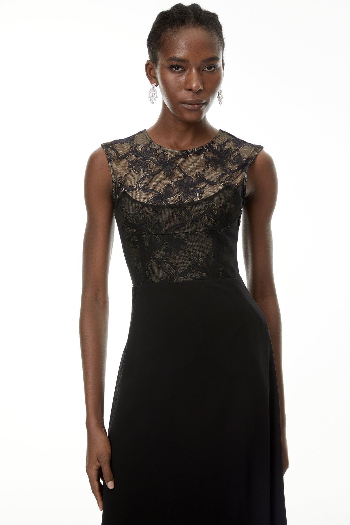 Aurohaya Ottilie Black Lace Panel Asymmetrical Maxi Dress