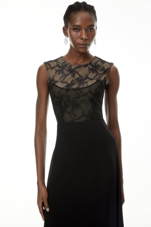 Aurohaya Ottilie Black Lace Panel Asymmetrical Maxi Dress