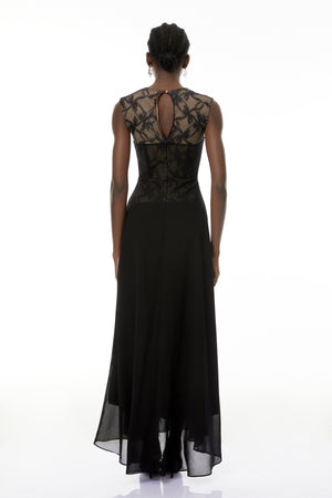 Aurohaya Ottilie Black Lace Panel Asymmetrical Maxi Dress