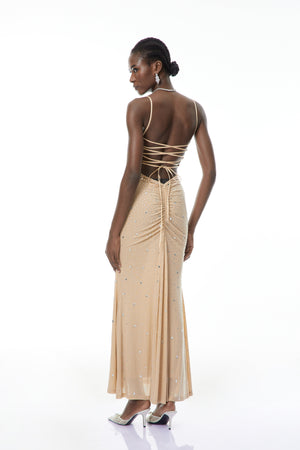 Aurohaya Ottilie Neutral Open Back Embellished Maxi Dress