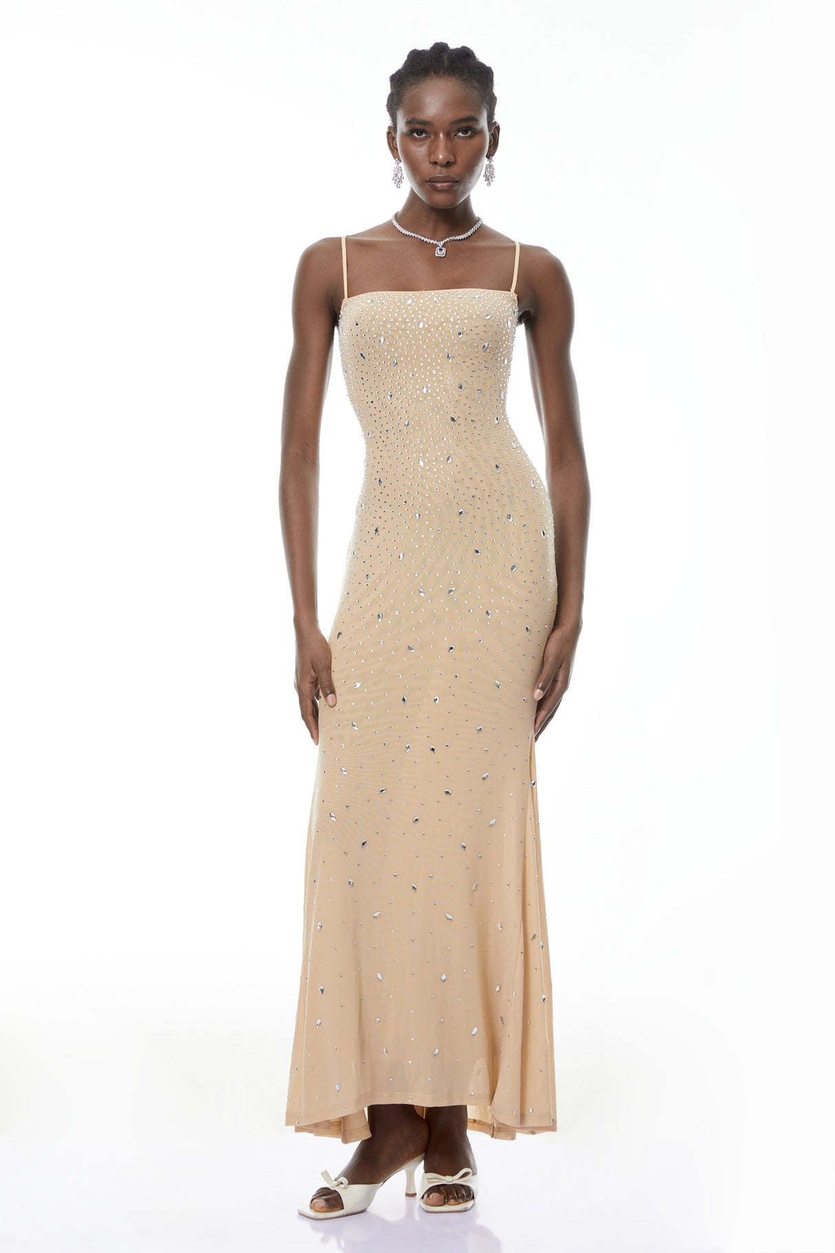 Aurohaya Ottilie Neutral Open Back Embellished Maxi Dress