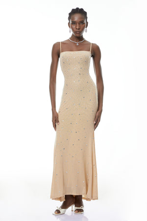 Aurohaya Ottilie Neutral Open Back Embellished Maxi Dress