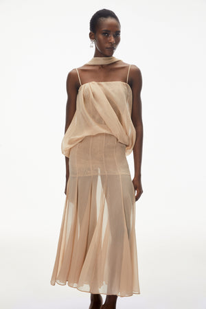 Aurohaya Ottoline Champagne Mesh Draped Maxi Dress