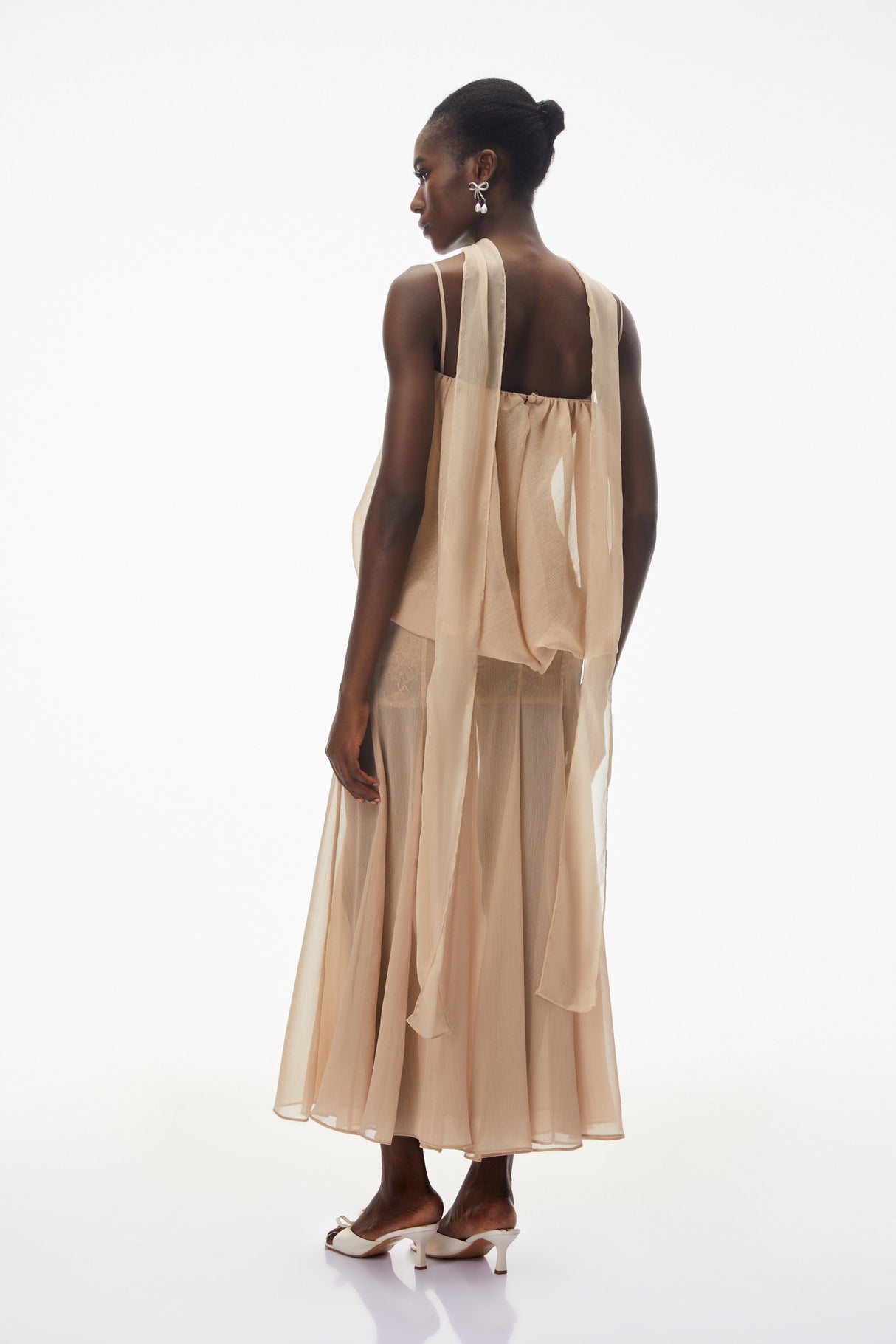 Aurohaya Ottoline Champagne Mesh Draped Maxi Dress
