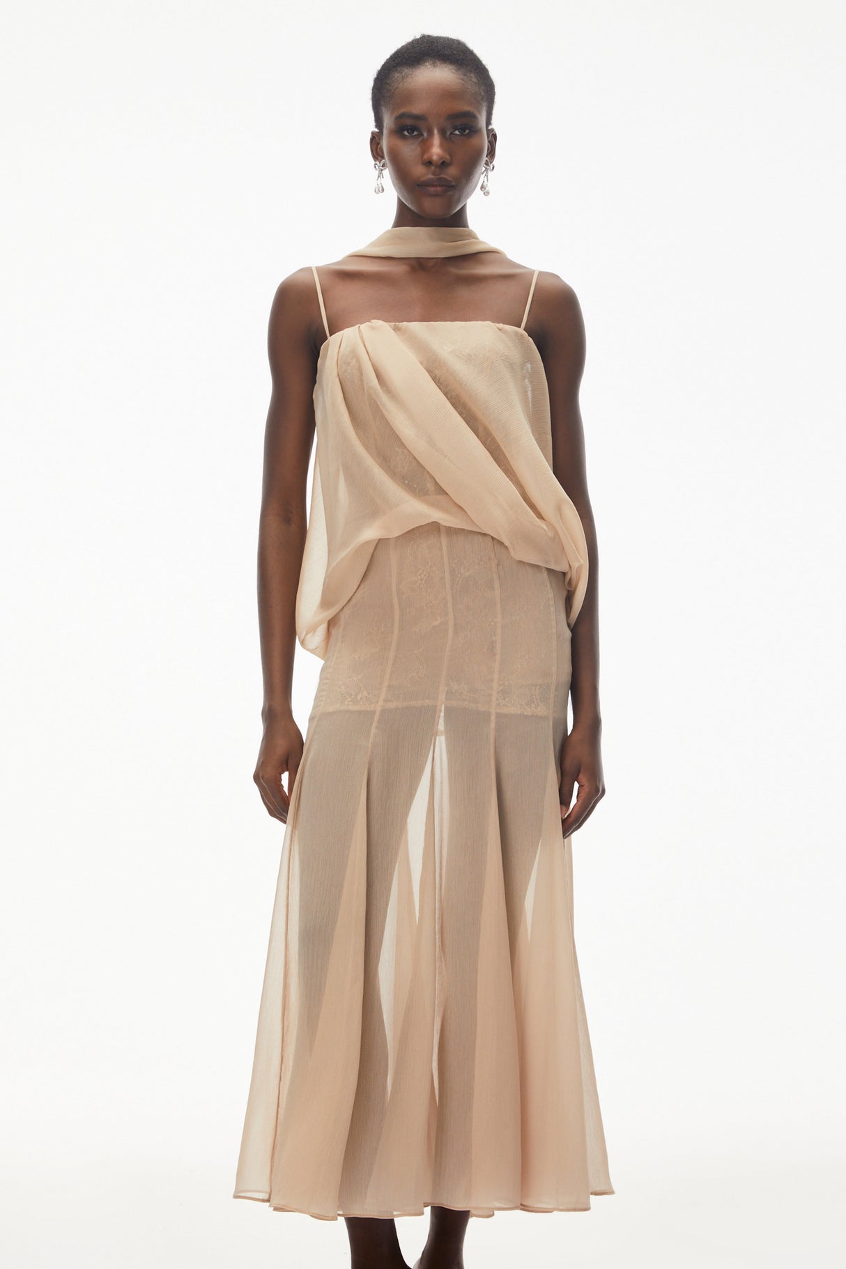Aurohaya Ottoline Champagne Mesh Draped Maxi Dress