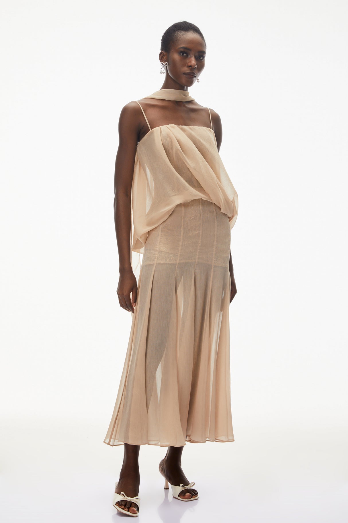 Aurohaya Ottoline Champagne Mesh Draped Maxi Dress