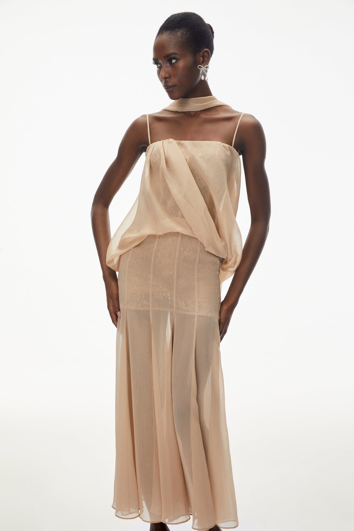 Aurohaya Ottoline Champagne Mesh Draped Maxi Dress