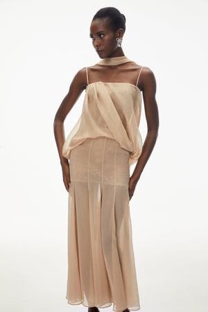 Aurohaya Ottoline Champagne Mesh Draped Maxi Dress