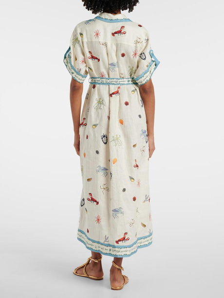 Aurohaya Fresh Ocean Lobster Print Lace-up Midi Shirt Dress