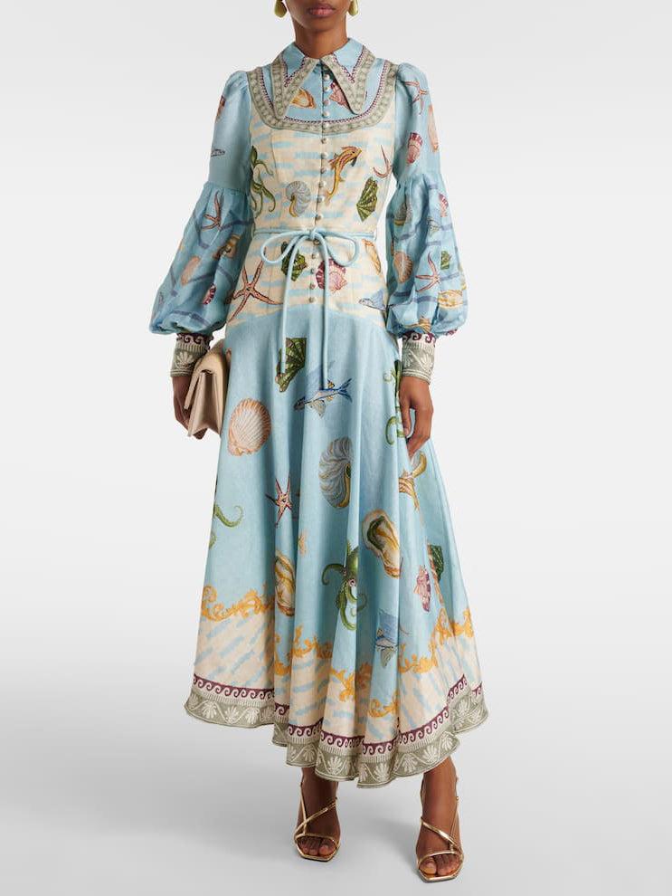 Aurohaya Unique Deep Sea Floral Print Single Breasted Midi Dress