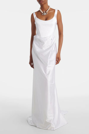 Aurohaya Fiona White Satin Square Neck Maxi Dress