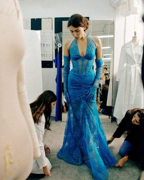 Aurohaya Ségolène Lace Halter Maxi Dress