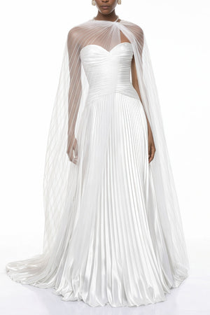 Aurohaya Palesa White Pleated Glossy Maxi Dress & Cape Set