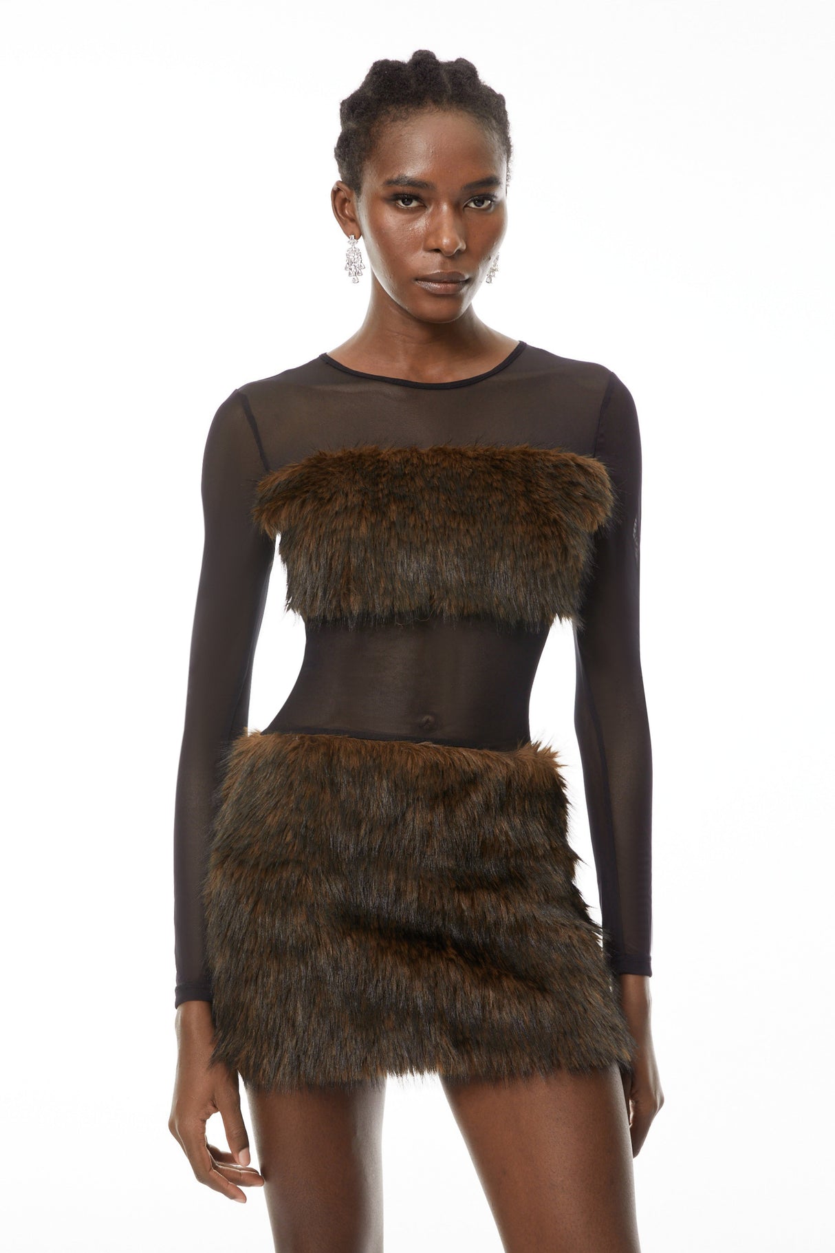 Aurohaya Paloma Brown Faux-Fur Panel Mini Dress