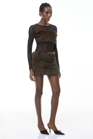 Aurohaya Paloma Brown Faux-Fur Panel Mini Dress
