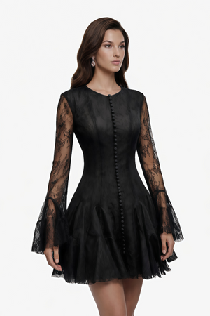 Aurohaya Pamela Black Ruffled Mini Dress with Lace Panels