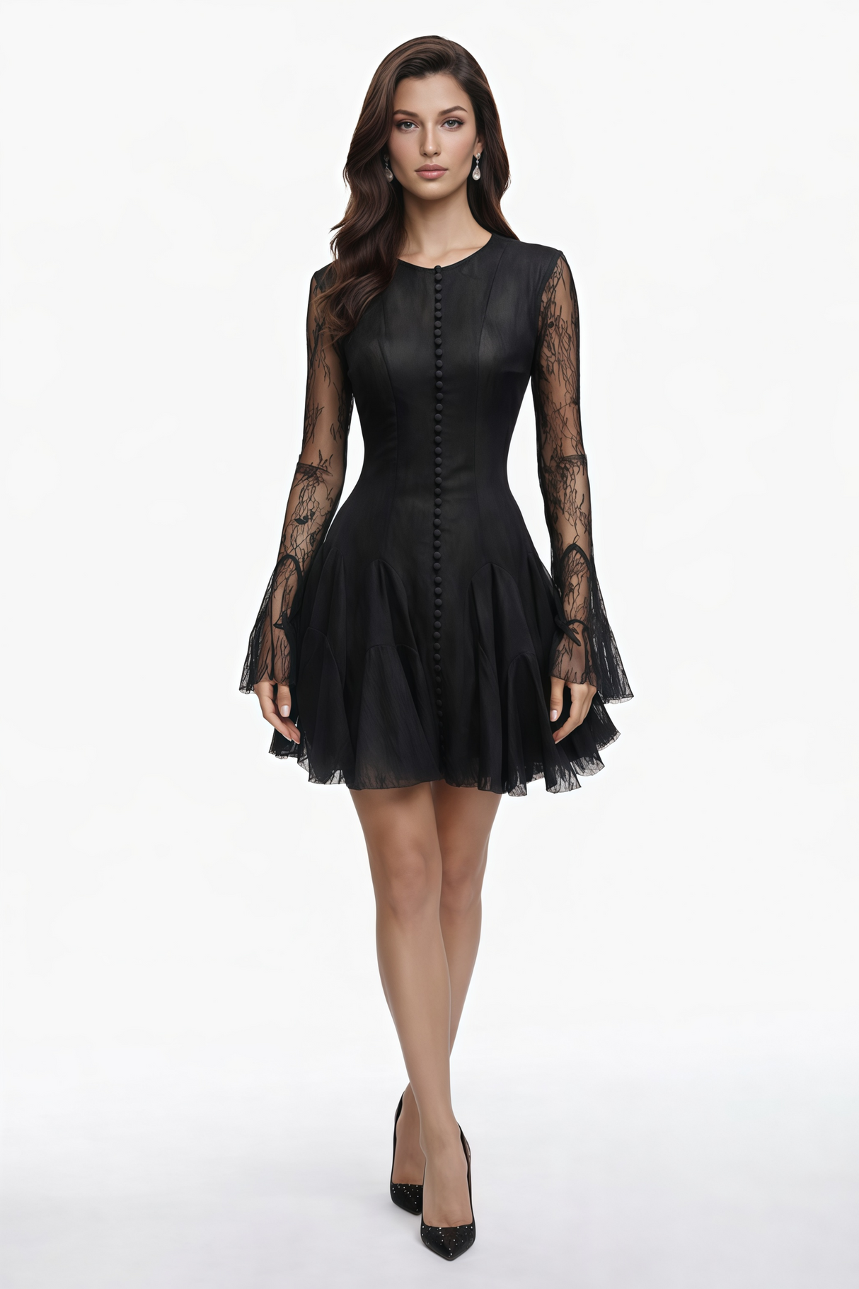 Aurohaya Pamela Black Ruffled Mini Dress with Lace Panels