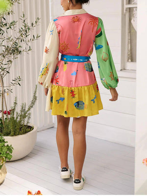 Aurohaya Graffiti Print Lace-Up Cardigan Loose Short Dress With Wide Hem