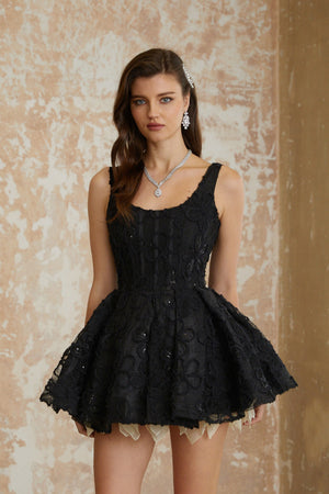 Aurohaya Patrycja Black Floral Embroidered Mini Dress